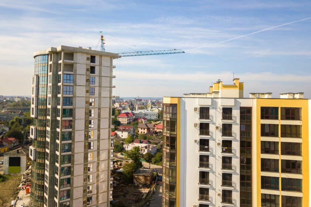 High residential apartment building under construction. Real estate development.