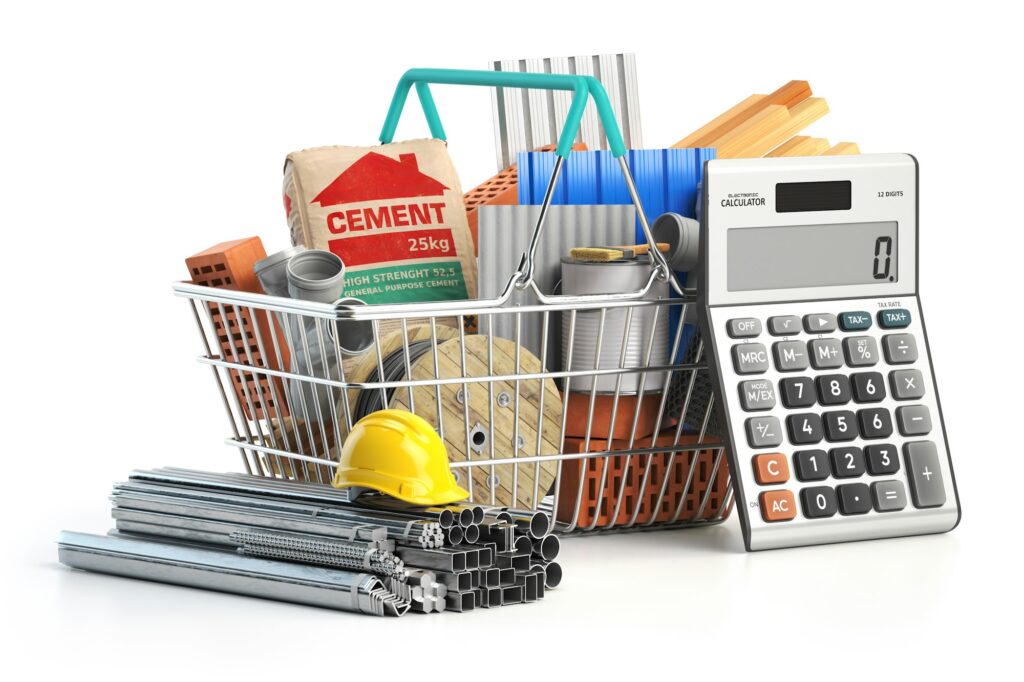 Shopping basket full of construction materials and tools with calculator.